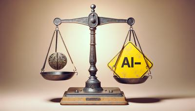 Balansschaal met AI-symbool en waarschuwingsbord