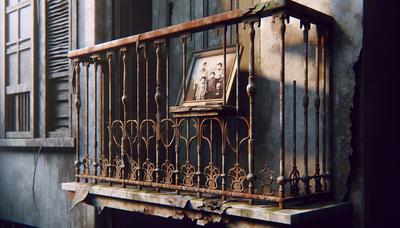 Balcone con ringhiera rotta e fotografia di famiglia.