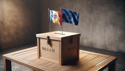 Urna elettorale con le bandiere della Moldova e dell'UE a simboleggiare le elezioni.