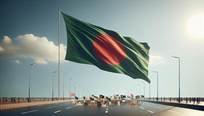 Bandeira de Bangladesh tremulando sobre uma cena de protesto pacífico.