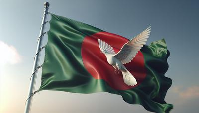 Bangladeshs flag med en duva som symboliserar övergång till fred.

