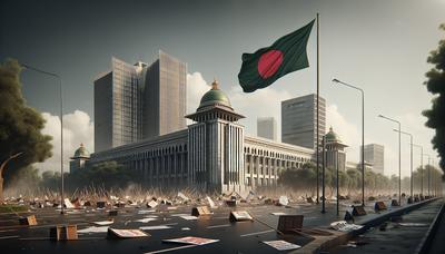 Bangladeshs flag med protestskyltar och regeringsbyggnader.

