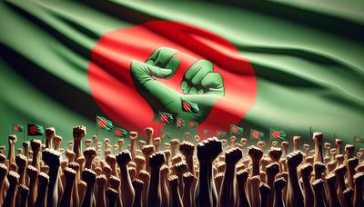 Bandeira de Bangladesh com punhos levantados exigindo mudança.