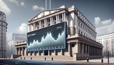 Edifício do Banco da Inglaterra com gráfico de taxa de juros.