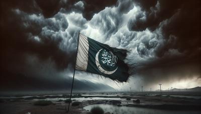 Drapeau du parti interdit sous un ciel orageux sombre Pakistan.