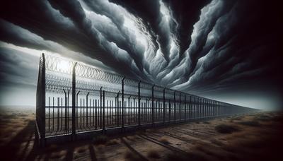 Cerca de alambre de púas con nubes oscuras ominosas.