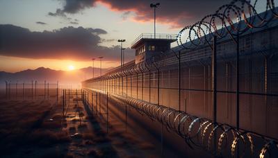 Clôture de fil de fer barbelé autour d'une prison désolée à la lumière du coucher du soleil.