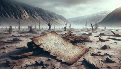 Paisaje yermo asolado por la hambruna con una antigua tabla médica.