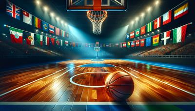 Terrain de basketball balle dans le panier drapeaux nationaux excitation