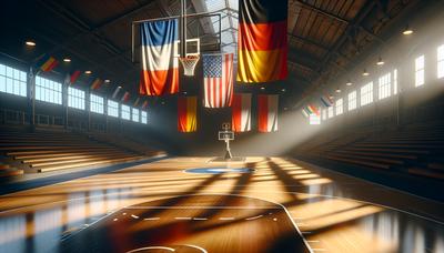 Terrain de basketball avec les drapeaux français et allemand mis en évidence