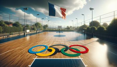 Terrain de basket avec le drapeau français et les anneaux olympiques.