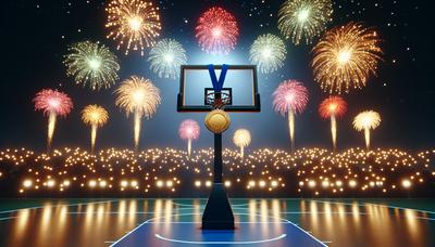 Panier de basketball avec médaille d'or et fond de feux d'artifice.