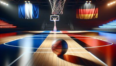 Basketball avec des drapeaux français et allemand illuminant le terrain