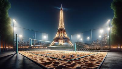 Terrain de beach-volley sous la Tour Eiffel illuminée la nuit.