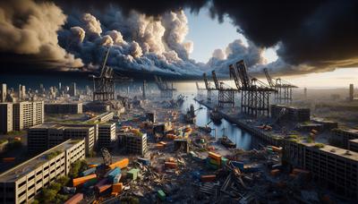 Ruines du port de Beyrouth avec des nuages sombres et menaçants en hauteur