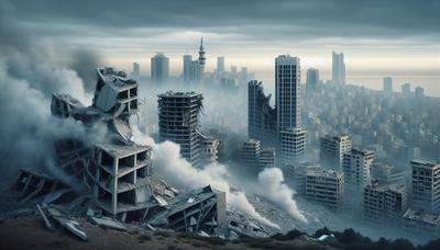 Horizonte de Beirute com fumaça e prédios destruídos.