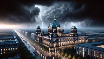 Berliner Regierungsgebäude unter stürmischem Himmel symbolischer Konflikt