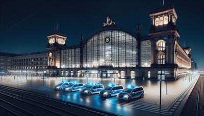 Berlin Hauptbahnhof Außenansicht mit Polizeipräsenz bei Nacht.