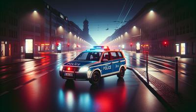 Berliner Polizeifahrzeug bei Nacht mit Blaulicht.