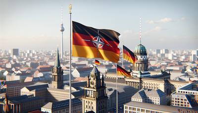 Berliner Skyline mit deutschen Flaggen und NATO-Emblem.