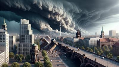 Berliner Skyline mit stürmischem Himmel und zerbrechender Brücke.