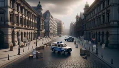 Berliner Straße mit Polizeipräsenz und Protestschildern.