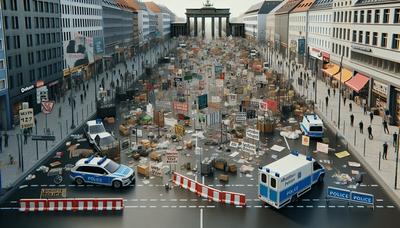 Berliner Straße mit Protestschildern und Polizeipräsenz.