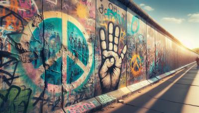 Berliner Mauer-Graffiti mit verblassenden Einheitssymbolen.