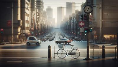 Vélo contre fond de ville avec des panneaux de sécurité routière.