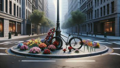 Vélo sur une rue de la ville avec des fleurs commémoratives.