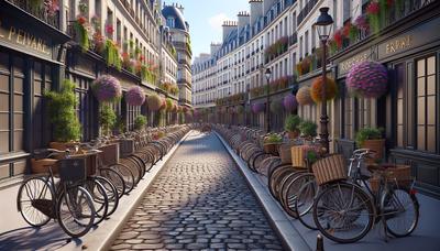 Vélos garés le long de la rue parisienne avec des fleurs.