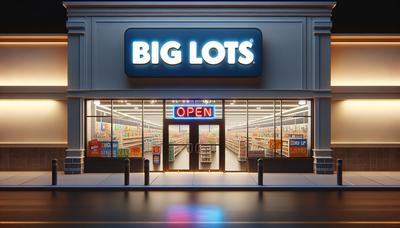 Frente de tienda de Big Lots con letrero de abierto y logo.