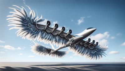 Vogel-inspiriertes Flugzeugdesign mit gefiederten Flügelelementen.