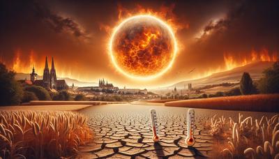 Brandende zon over uitgedroogd Europees landschap en thermometer