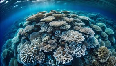 Arrecife de coral blanqueado bajo aguas oceánicas en calentamiento.