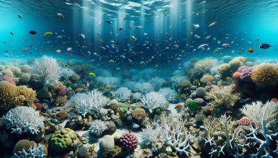 Coral branqueado com vida marinha vibrante em perigo.