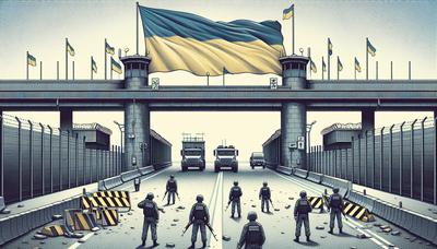 Blockierter Grenzübergang mit ukrainischer Flagge im Hintergrund