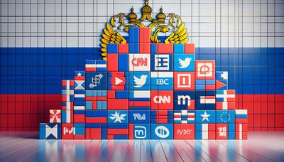 Logotipos de medios europeos bloqueados con fondo de bandera rusa