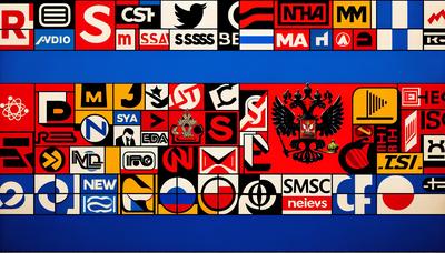 'Logotipos de noticias europeas bloqueados con fondo de bandera rusa'