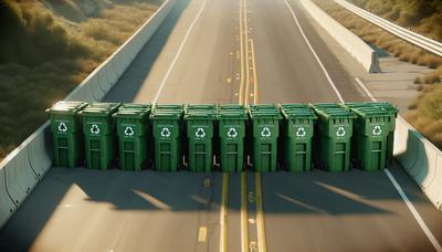 Route bloquée par une barrière de bacs de recyclage verts.