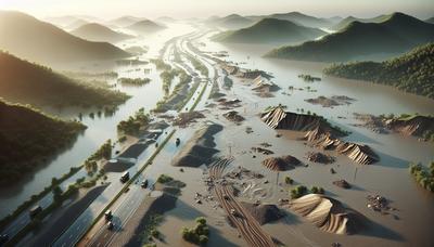 Carreteras bloqueadas con áreas inundadas y deslizamientos de tierra visibles.