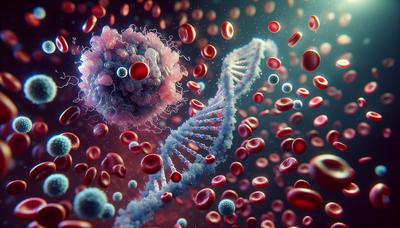 Muestra de sangre microscopio cadena de ADN detección de células cancerosas.