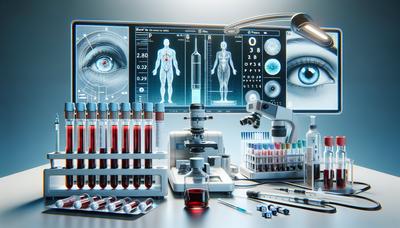 Équipement d'analyse sanguine avec des graphiques sur la santé des yeux.