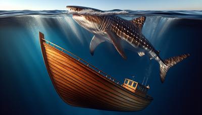 Bateau entrant en collision avec un requin pèlerin dans des eaux claires.