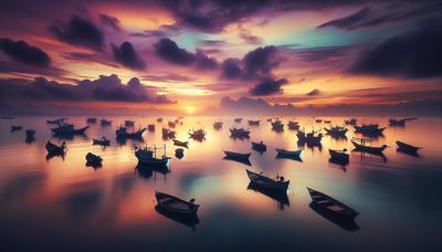 Barcos en un mar tranquilo bajo un amanecer despejado.