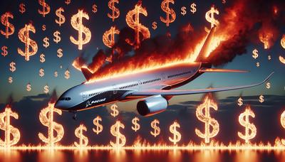 Avion Boeing en flammes avec des signes dollar en arrière-plan.