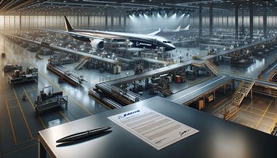 Boeing-Fabrik mit Fließband und Vertragsdokument.