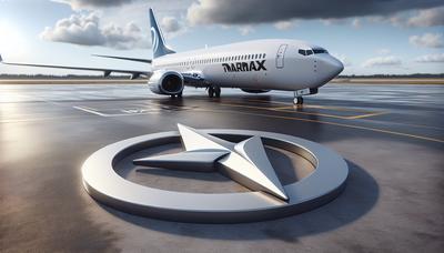 Logotipo da Boeing com plano de fundo do avião 737 Max no solo.