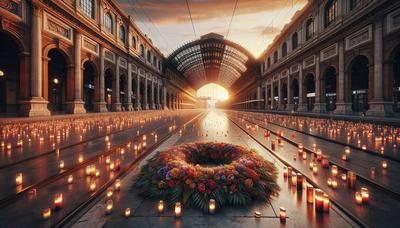 Stazione ferroviaria di Bologna con corona commemorativa e candele