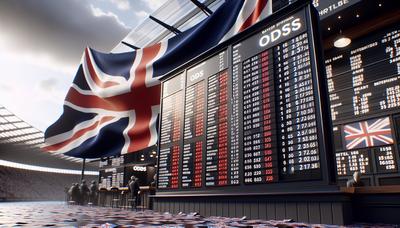 Quadro de odds de bookmaker com bandeira do Reino Unido atrás.